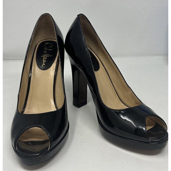 COLE Haan Collection Black Patent Leather Peep Toe Platform Heels Sz 8 - Picture 1 of 8